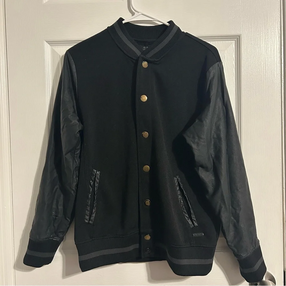 G by Guess Men's Leather Sleeves Button Down Baseball Bomber Jacket
